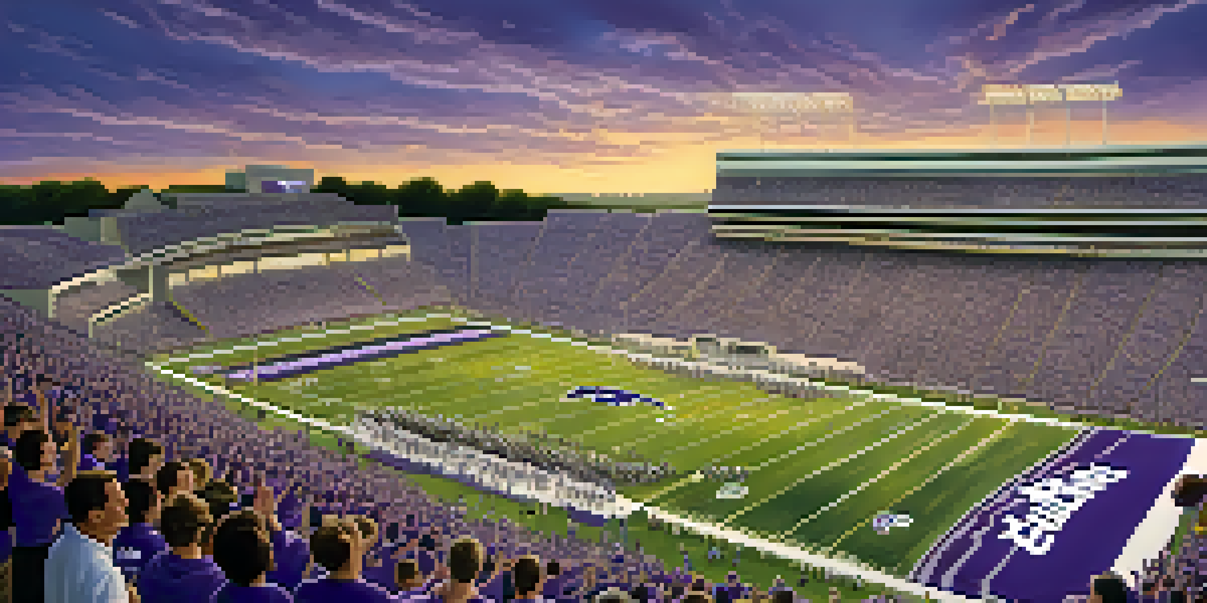 A lively football game at Kansas State University's stadium with fans in purple and white cheering under a sunset sky.