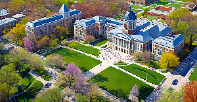 Aerial view of Kansas State University campus in spring with students and blooming trees.