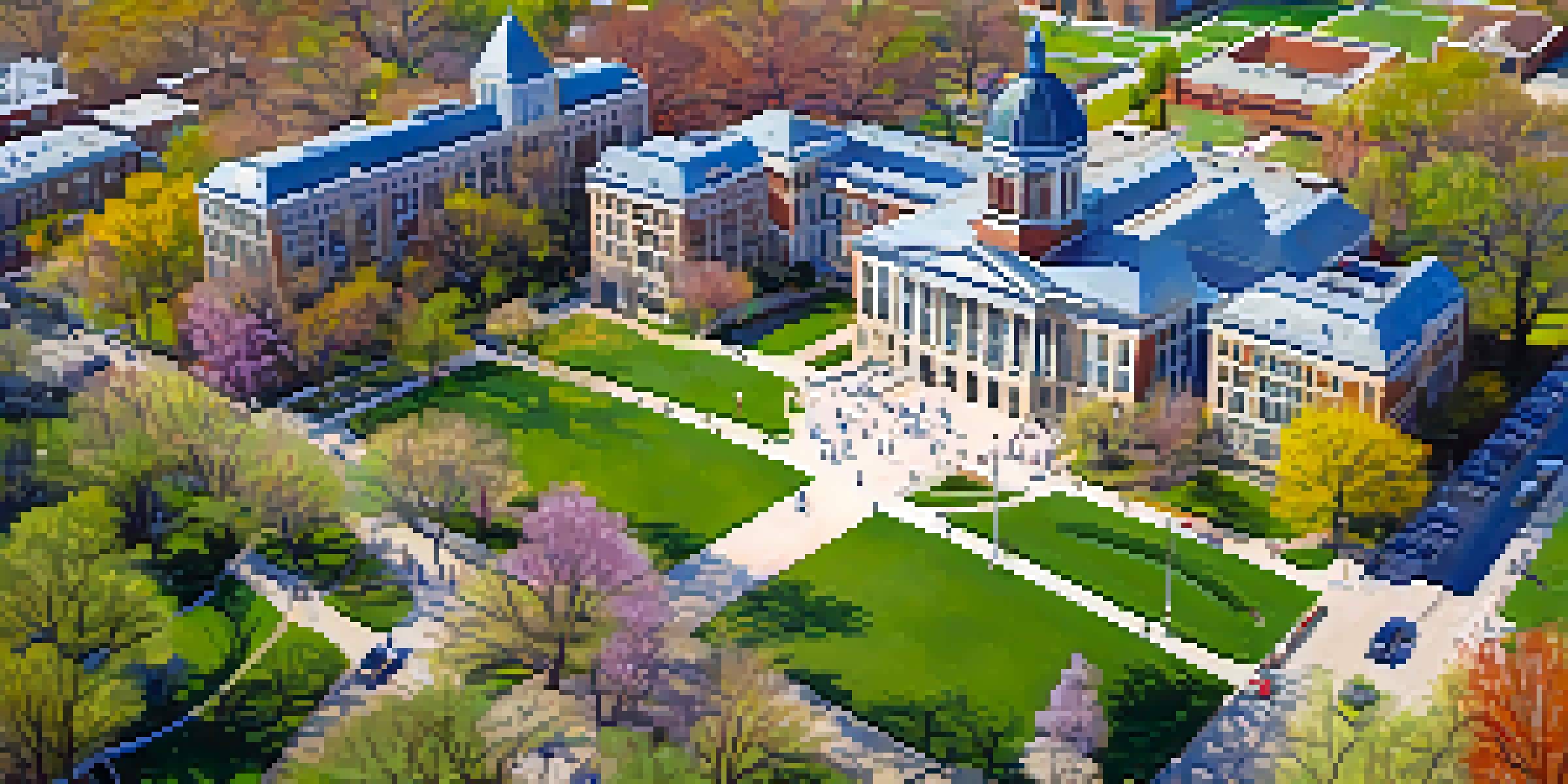 Aerial view of Kansas State University campus in spring with students and blooming trees.