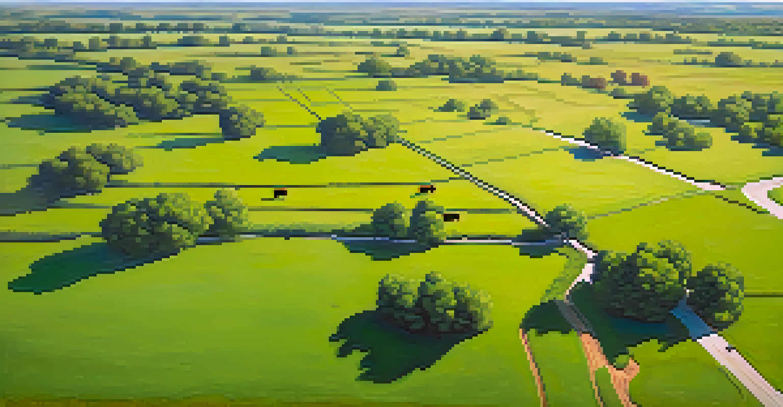 An aerial view of a ranch in Kansas with cattle grazing on lush pastures and a water source nearby.