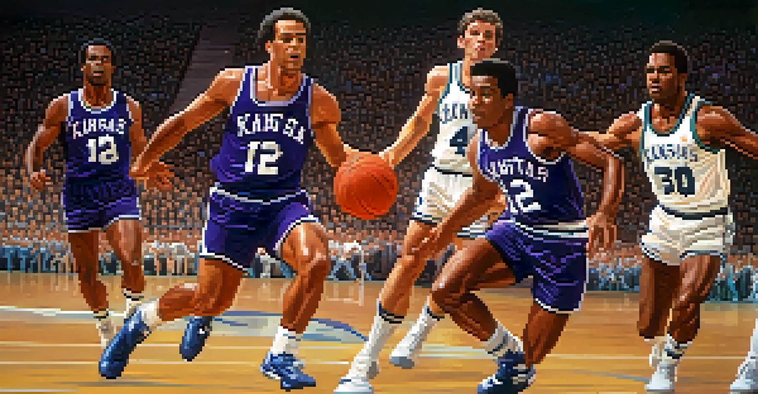 A vibrant 1980s basketball game scene with Kansas State players in purple jerseys and a cheering crowd.