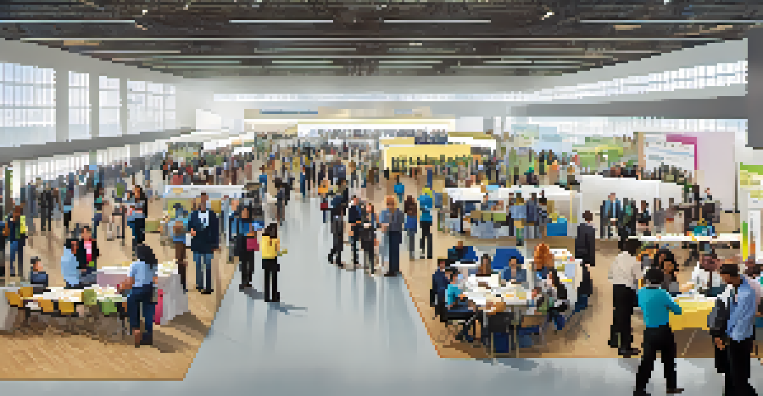 A lively community college career fair with students interacting with local businesses at various booths.