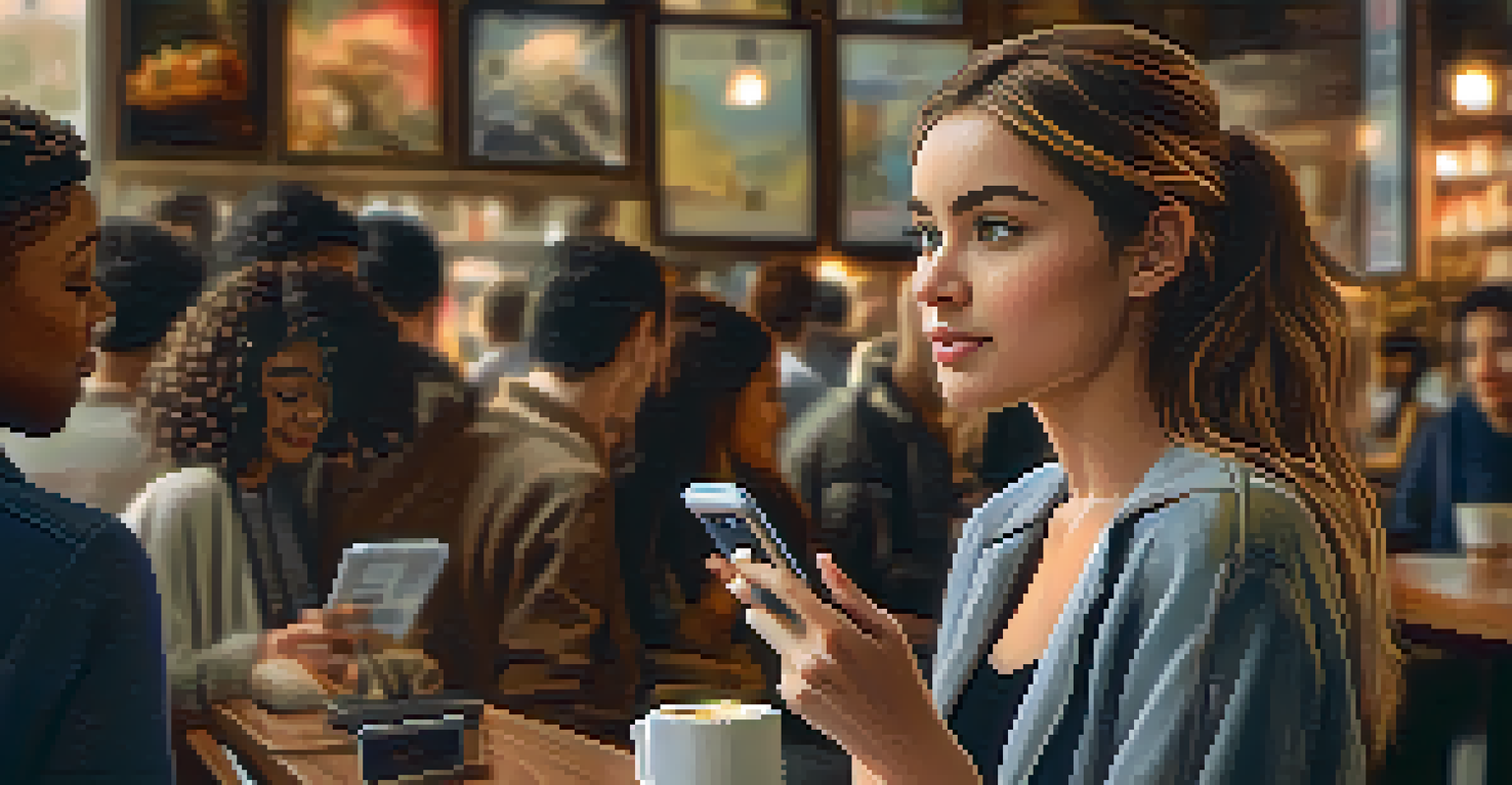A young woman in a coffee shop using her smartphone to engage with political content on social media.