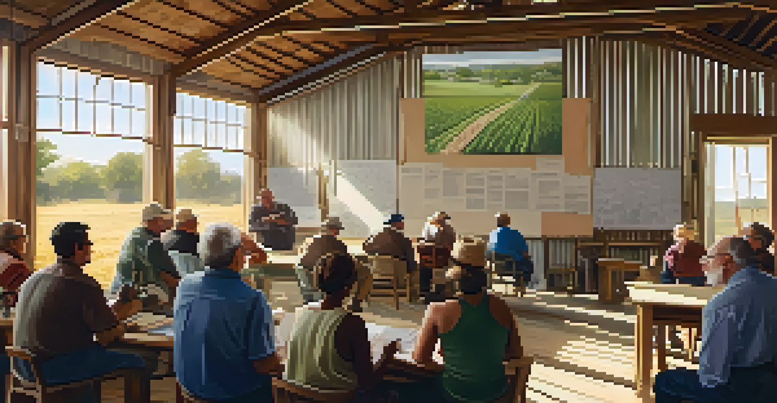 Farmers gather in a barn for a community workshop on drought preparedness strategies, sharing ideas and discussing solutions in a warm atmosphere.