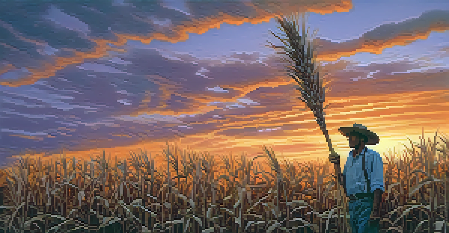 A Native American farmer working in a cornfield during sunset, with a vibrant sky and golden crops around.