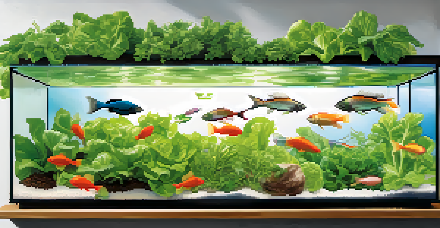 An aquaponics system with fish swimming in a tank and vibrant plants growing above, showcasing sustainable farming.