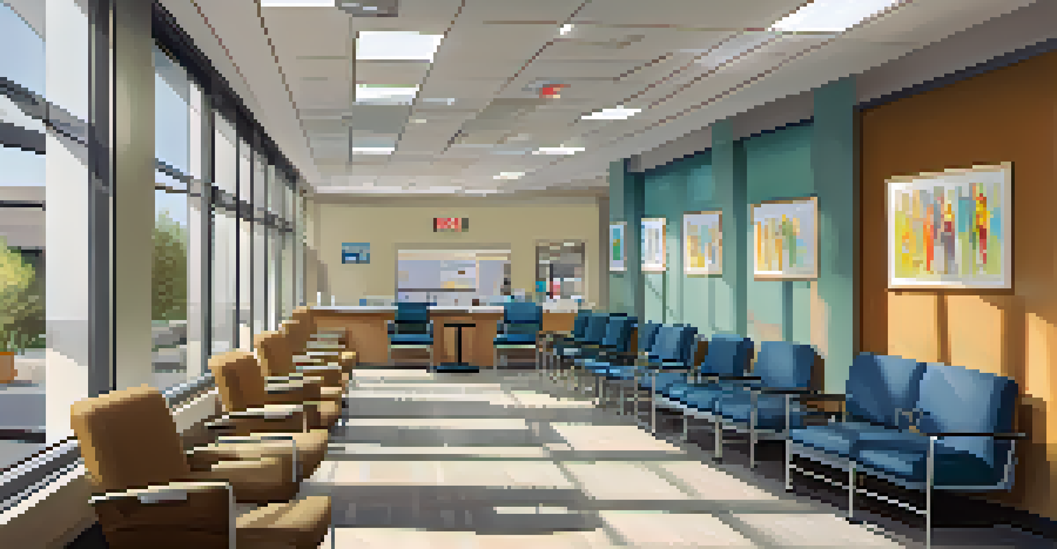 A bright and welcoming hospital waiting room in Kansas City with comfortable seating and diverse patients interacting with healthcare staff.