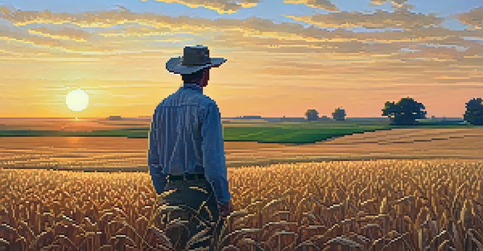 A wide view of a Kansas wheat field at sunset, with a farmer inspecting the crops, surrounded by golden wheat stalks.