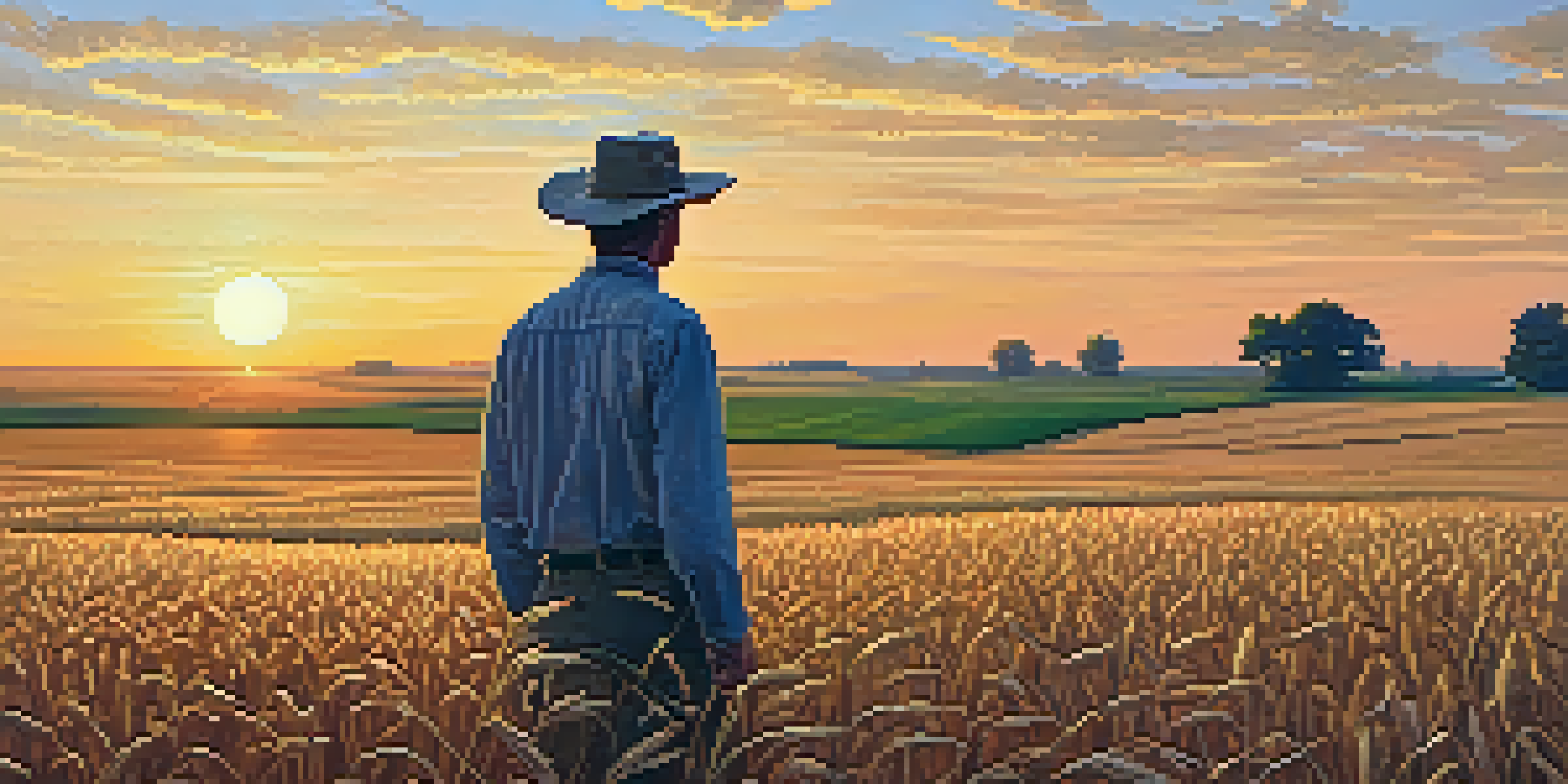 A wide view of a Kansas wheat field at sunset, with a farmer inspecting the crops, surrounded by golden wheat stalks.