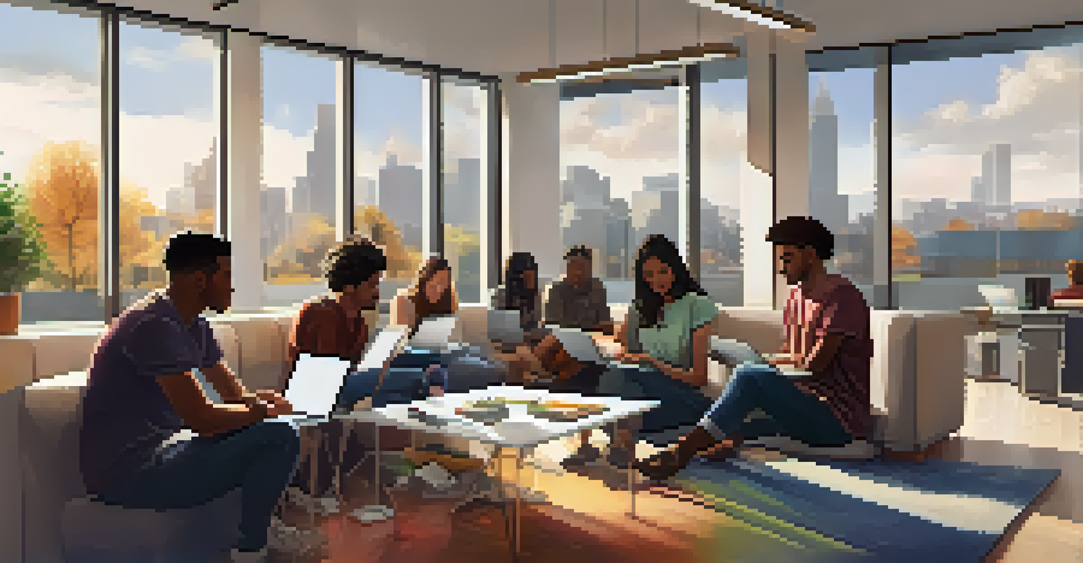 Diverse group of students collaborating on a project in a modern study lounge.