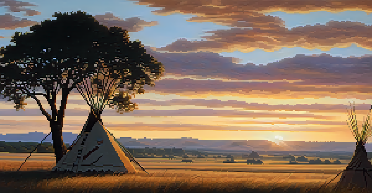 A tranquil Kansas landscape at sunset with silhouettes of tipis and native plants.