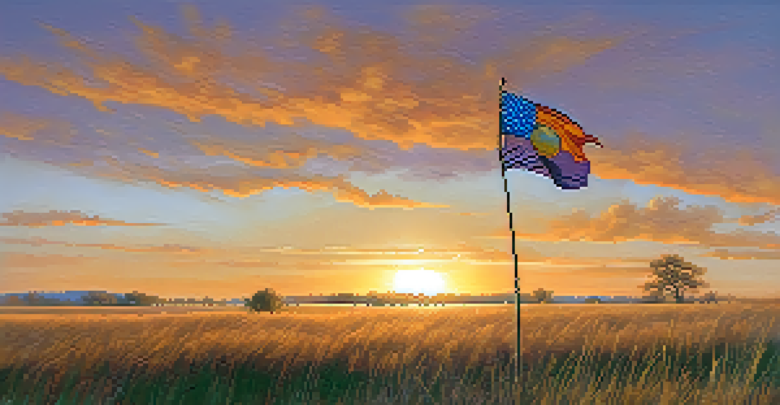 The Kansas state flag waving in front of a sunset over a prairie, with silhouettes of native grasses creating a serene ambiance.