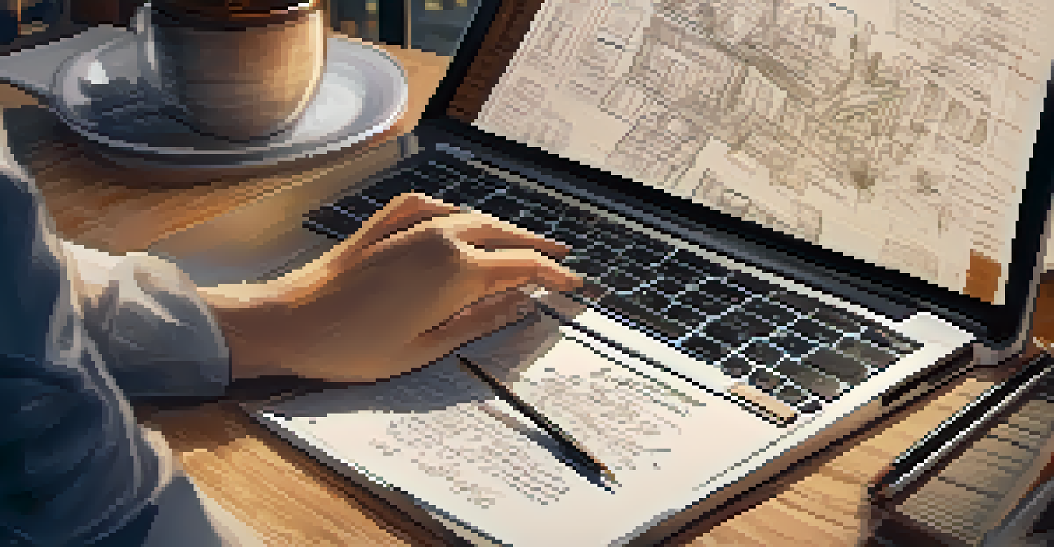 Close-up of hands typing on a laptop with sketches and notes around, in a warm and cozy workspace focused on startup ideas.