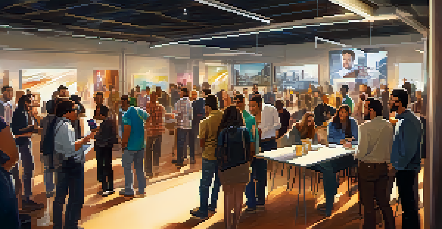 A community tech meetup in an urban environment with diverse attendees networking and discussing technology.