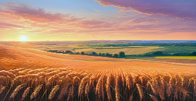 A wide shot of a golden wheat field in Kansas at sunset, with a farmer using a drone in the distance.