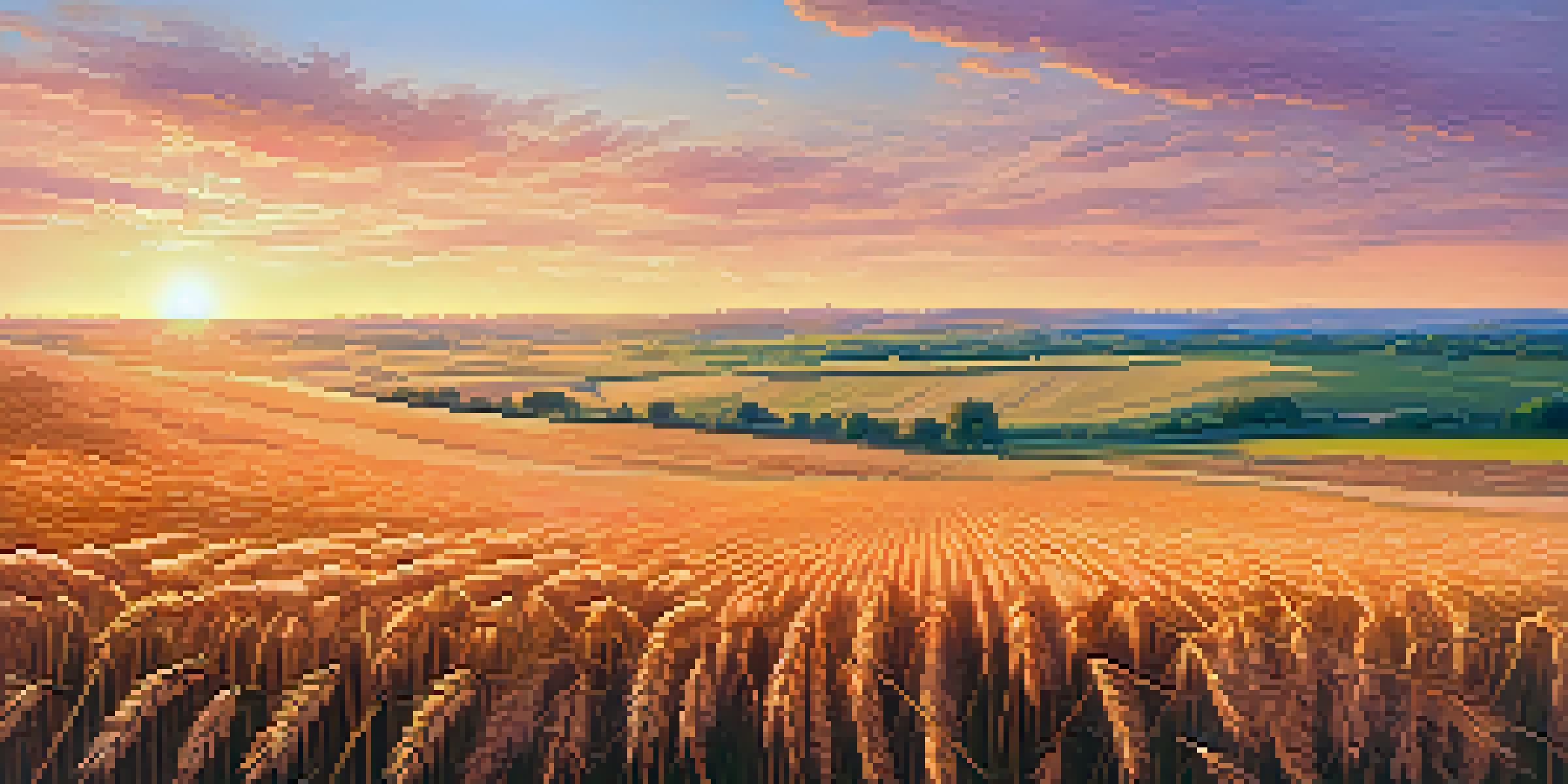 A wide shot of a golden wheat field in Kansas at sunset, with a farmer using a drone in the distance.