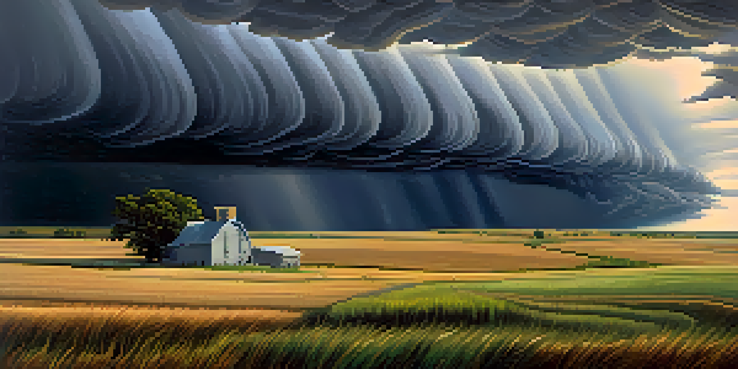 A Kansas landscape with dark storm clouds and a lone farmhouse, depicting the tension of tornado season.