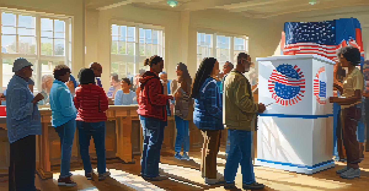 A close-up of a ballot box in a Kansas polling station with diverse voters engaged in conversation under natural light.