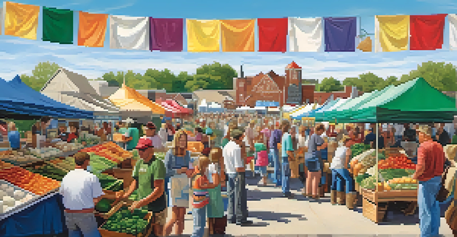 A vibrant farmers' market in Kansas showcasing fresh produce, artisanal goods, and happy shoppers.