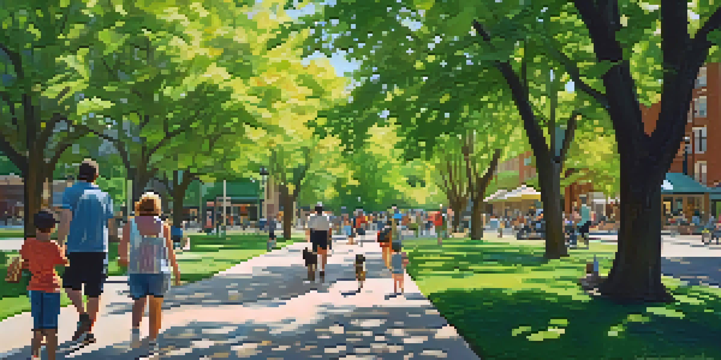 A lively urban park in Kansas City with diverse trees and blooming flowers, people enjoying various activities under soft sunlight.