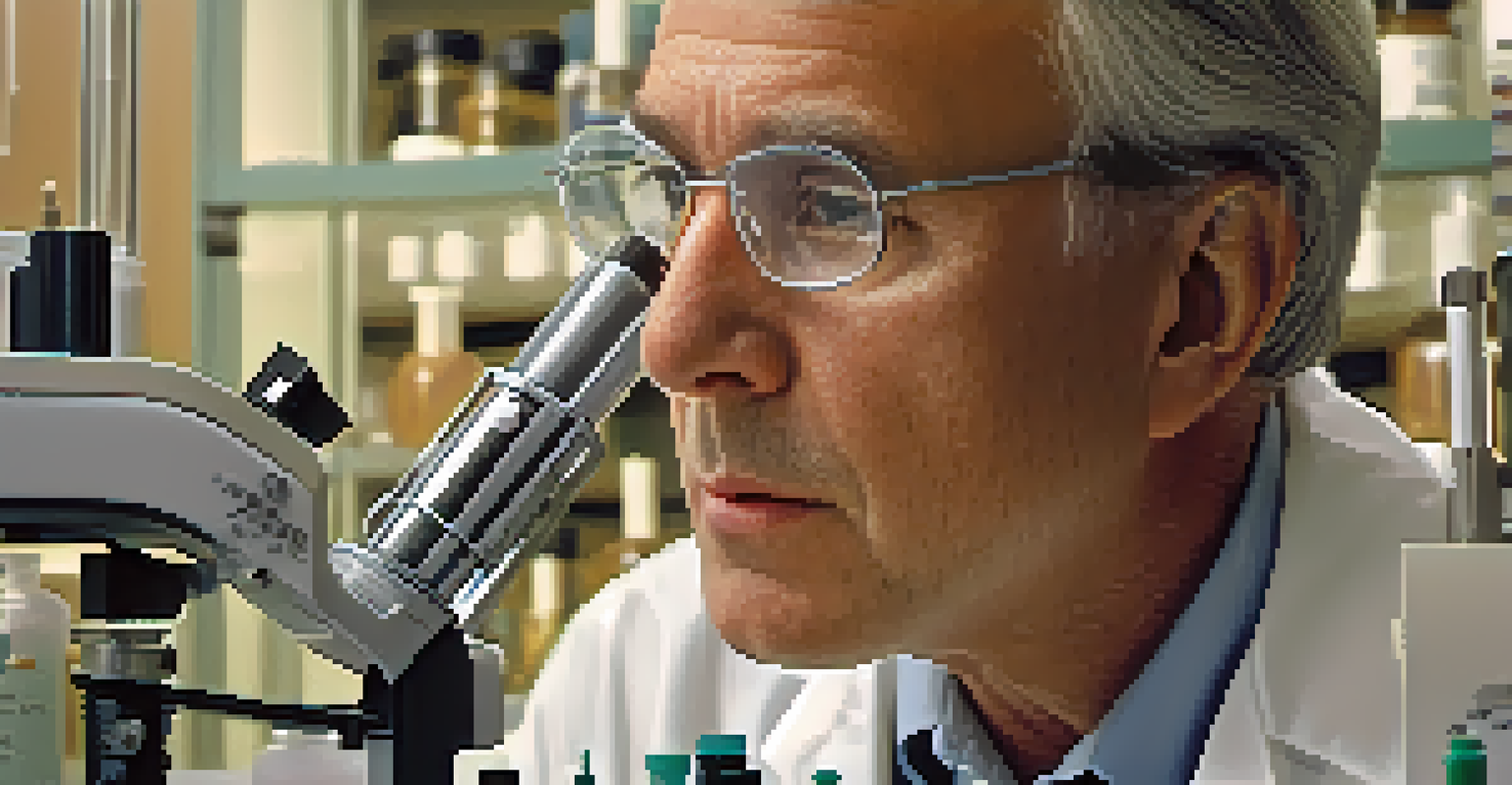 Close-up portrait of Dr. Charles A. Kahn in a lab, looking through a microscope with medical research equipment around him.