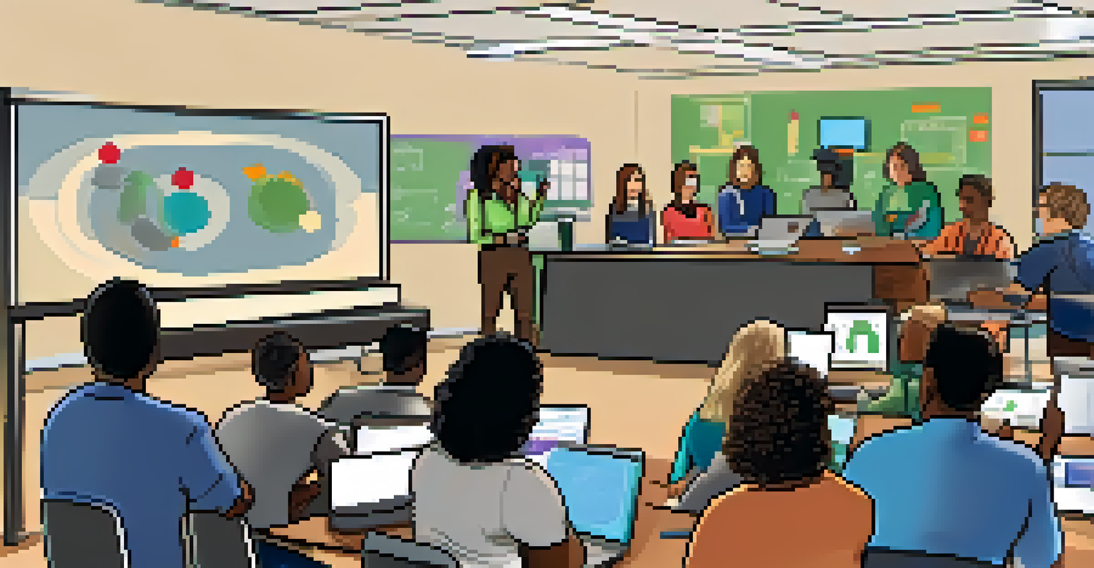 A dynamic workshop scene with Kansas educators learning about technology integration, surrounded by laptops and collaborative workspaces.