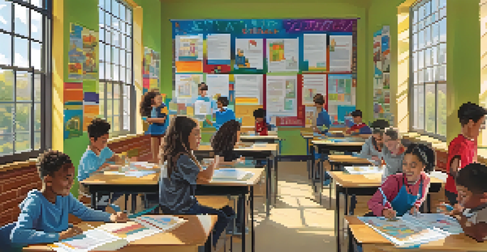 A diverse group of students working together in a bright classroom, engaged in a collaborative learning project with educational materials around them.