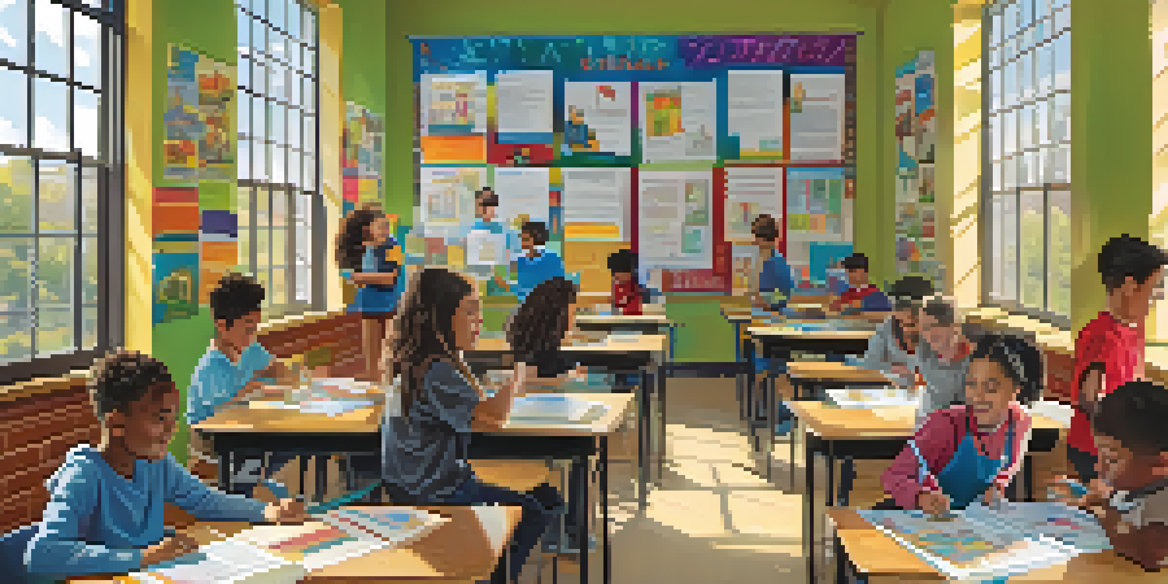 A diverse group of students working together in a bright classroom, engaged in a collaborative learning project with educational materials around them.