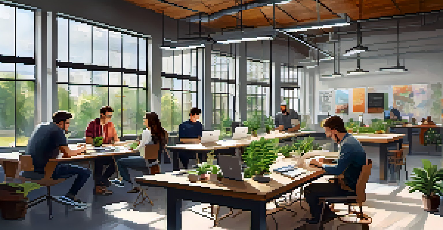 A modern workspace in a Kansas tech startup with young entrepreneurs collaborating in a bright, open environment.