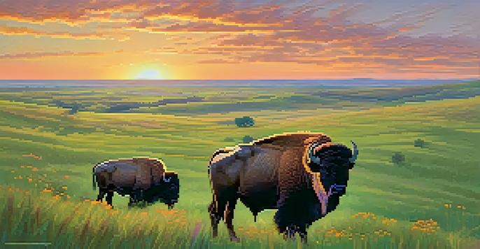 A scenic sunset over the Kansas tallgrass prairies with grazing bison and colorful wildflowers.