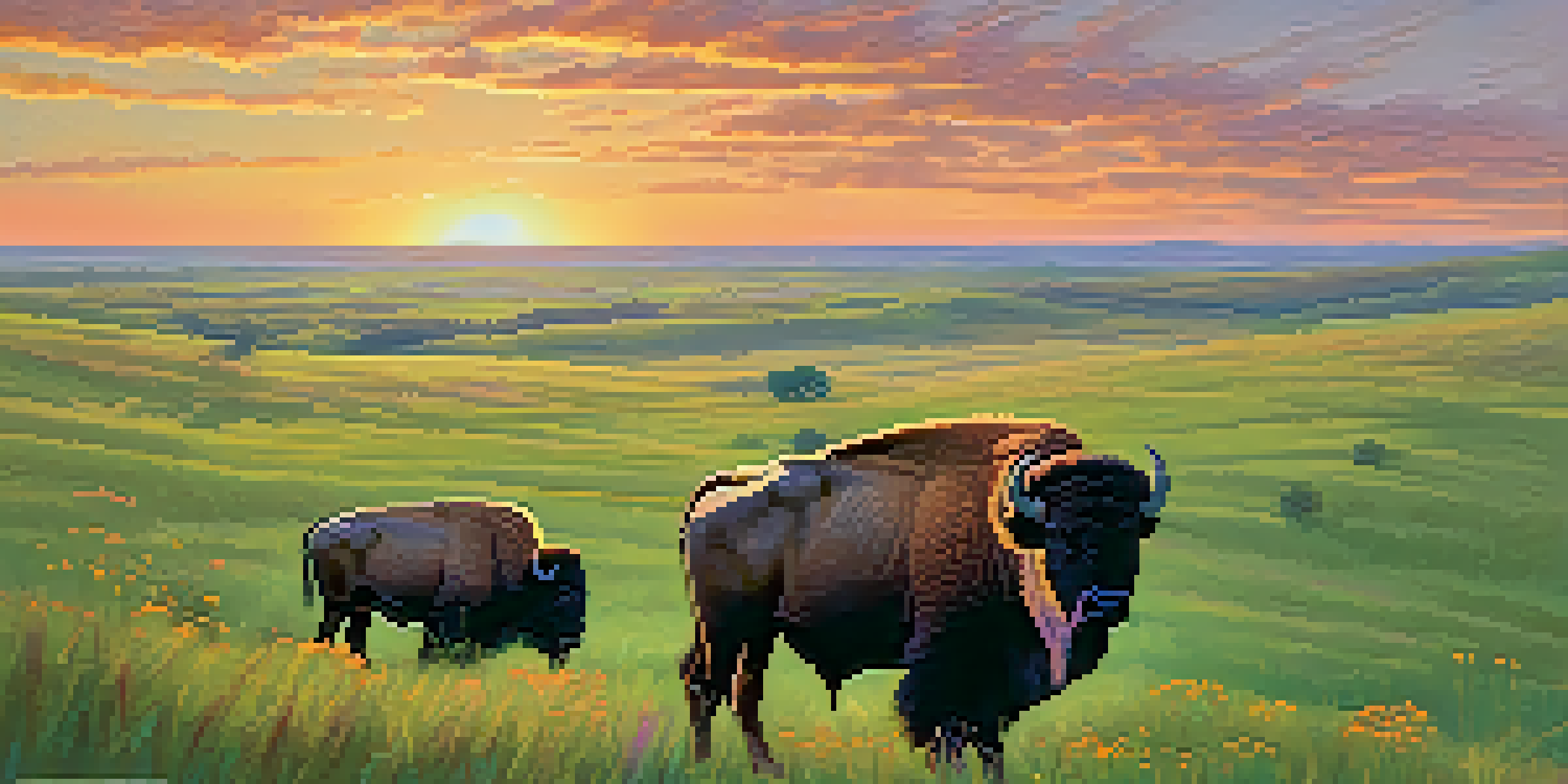 A scenic sunset over the Kansas tallgrass prairies with grazing bison and colorful wildflowers.