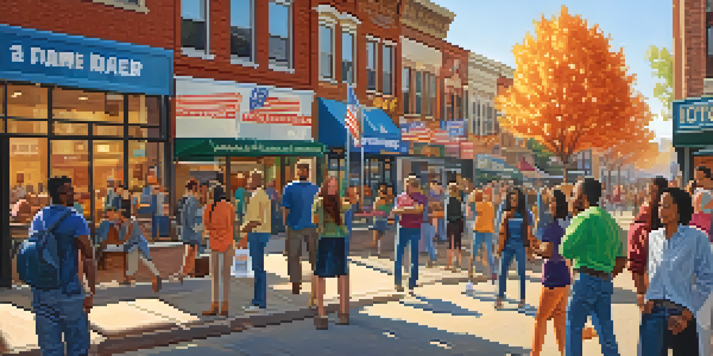 A lively urban street scene in Kansas with diverse young voters discussing while holding campaign signs, surrounded by colorful banners and modern buildings.
