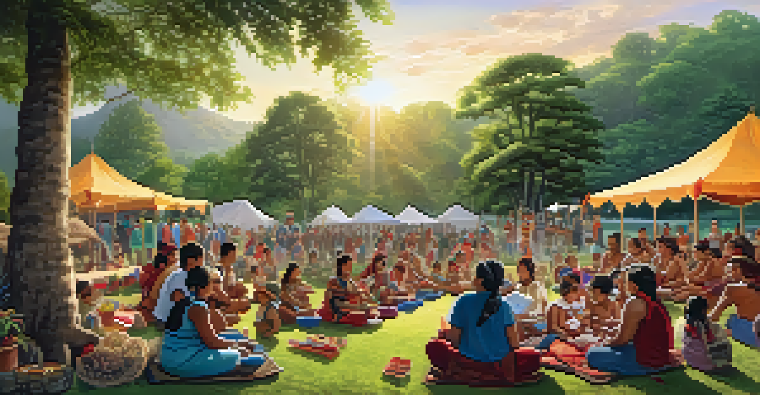 A community event where Native members share traditional crafts and stories, with families enjoying various activities in a sunny park.