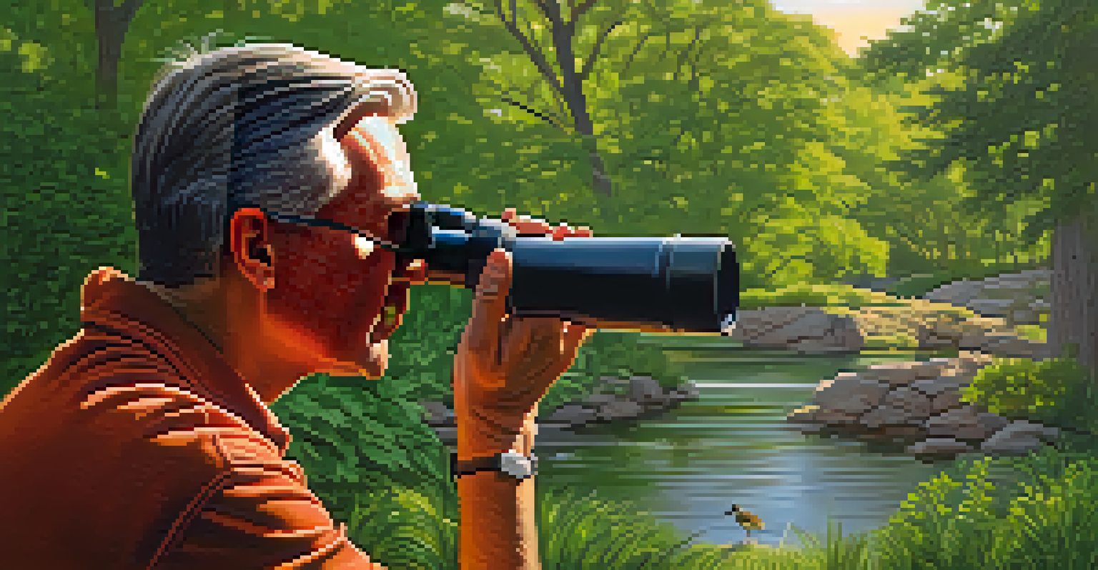 A birdwatcher observing a rare bird with binoculars in a lush Kansas wildlife park, with a sunset glow in the background.