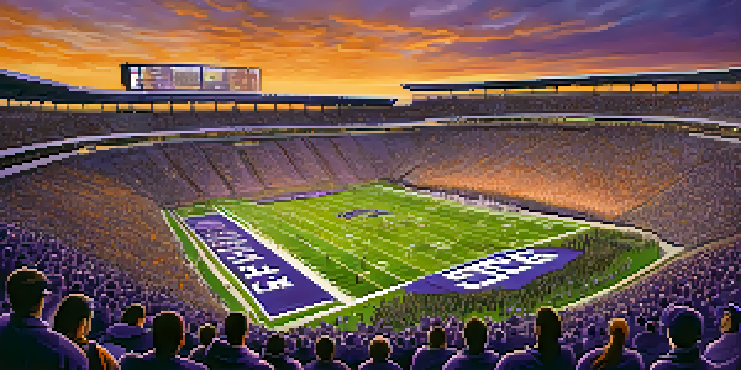 A lively college football stadium filled with enthusiastic fans wearing K-State apparel, under a colorful sunset.