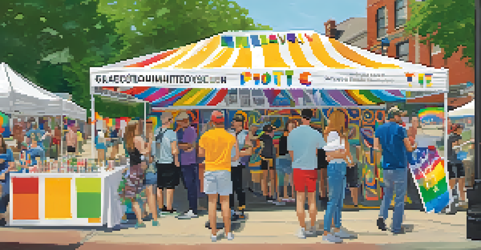 A booth at Kansas City PrideFest with volunteers sharing information about local LGBTQ+ organizations, decorated with colorful banners and a welcoming vibe.