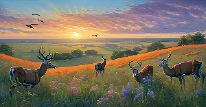 A scenic Kansas prairie at sunset with wildflowers, deer, and birds in the sky.