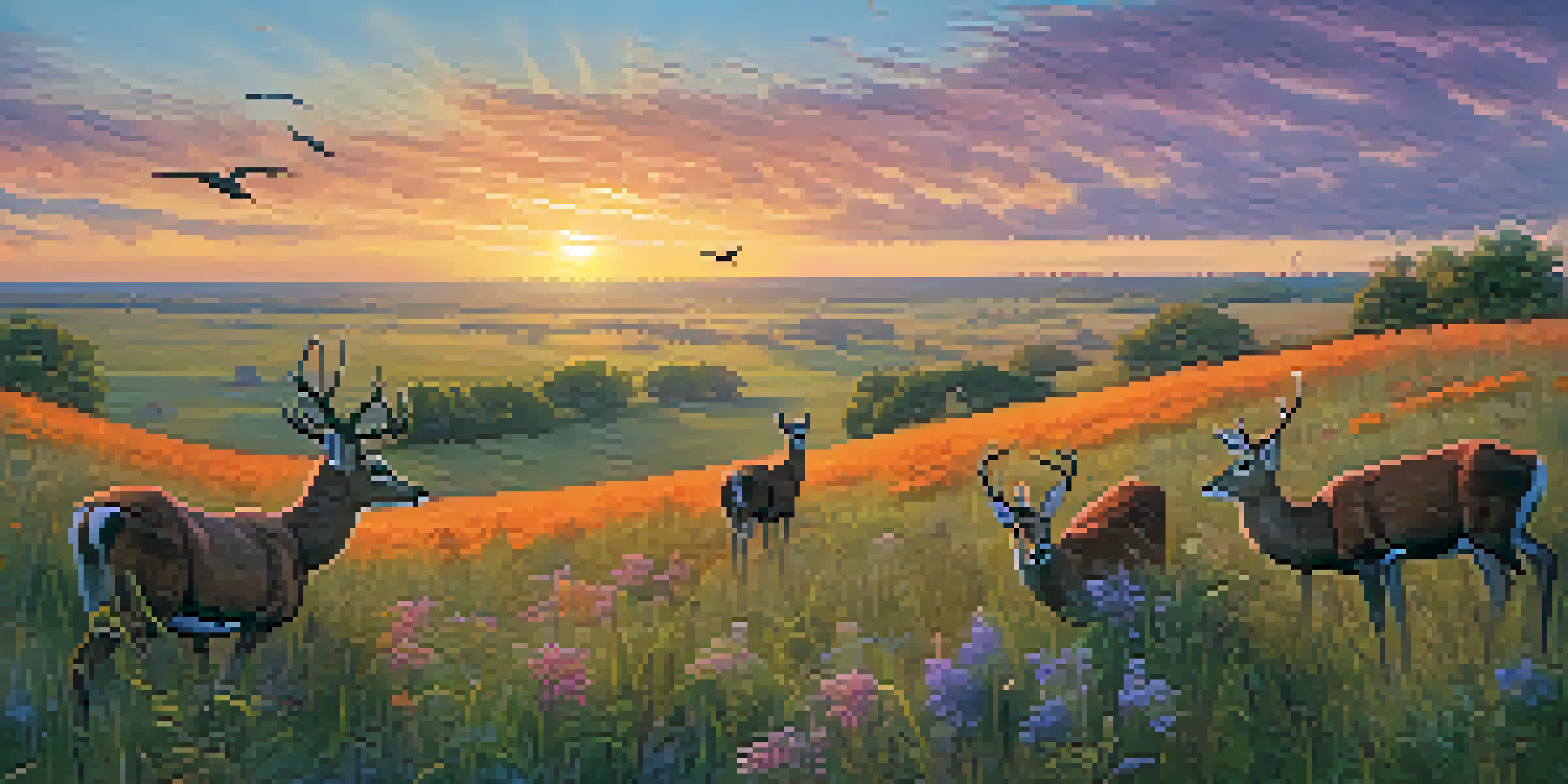 A scenic Kansas prairie at sunset with wildflowers, deer, and birds in the sky.