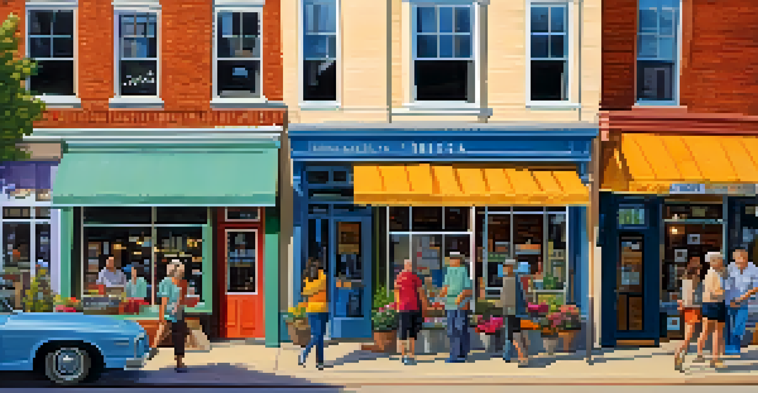 A vibrant street scene in Downtown Manhattan, Kansas with unique shops and a cozy café.