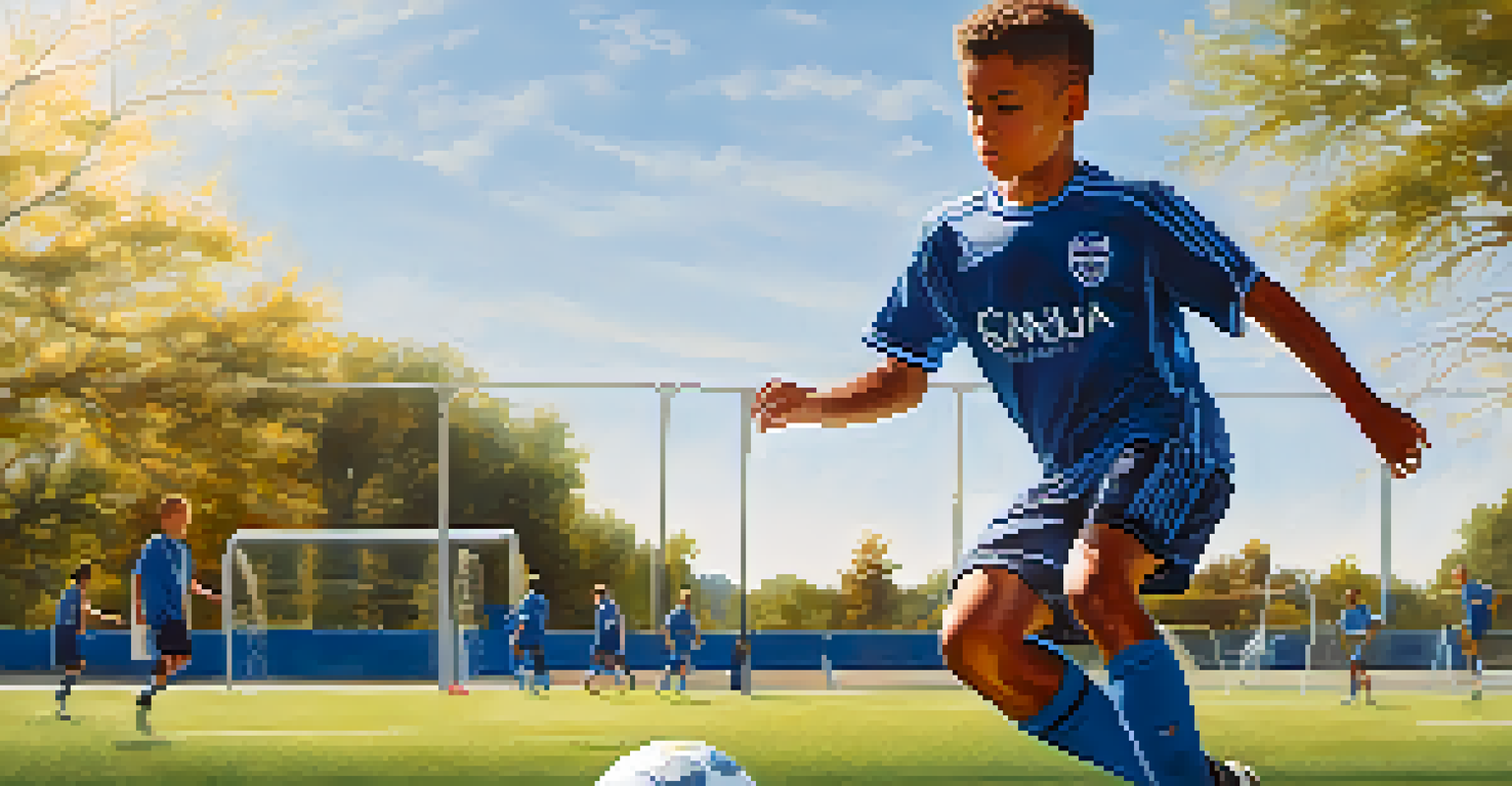 A young soccer player practicing at a training facility, dribbling a ball on a sunny day.