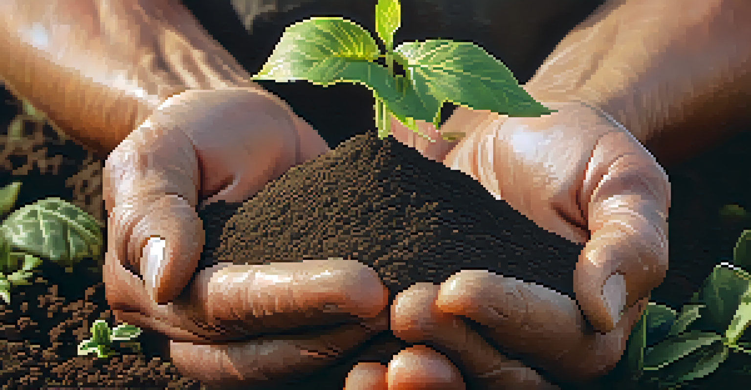 A farmer's hands holding rich soil with diverse crops in the background, under soft sunlight.