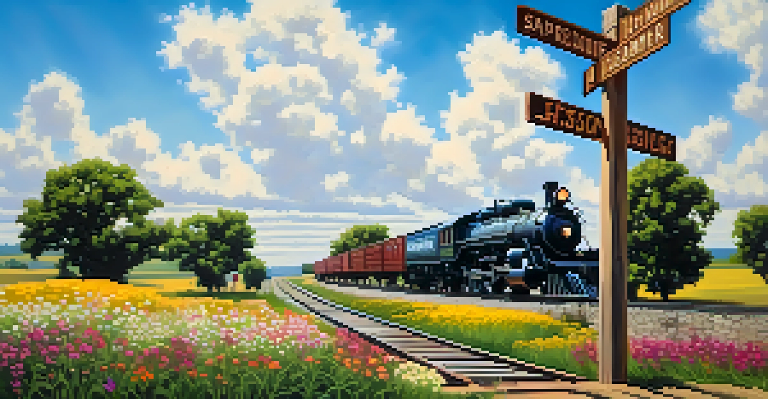 A scenic railroad crossing in Kansas with vintage trains and blooming wildflowers.