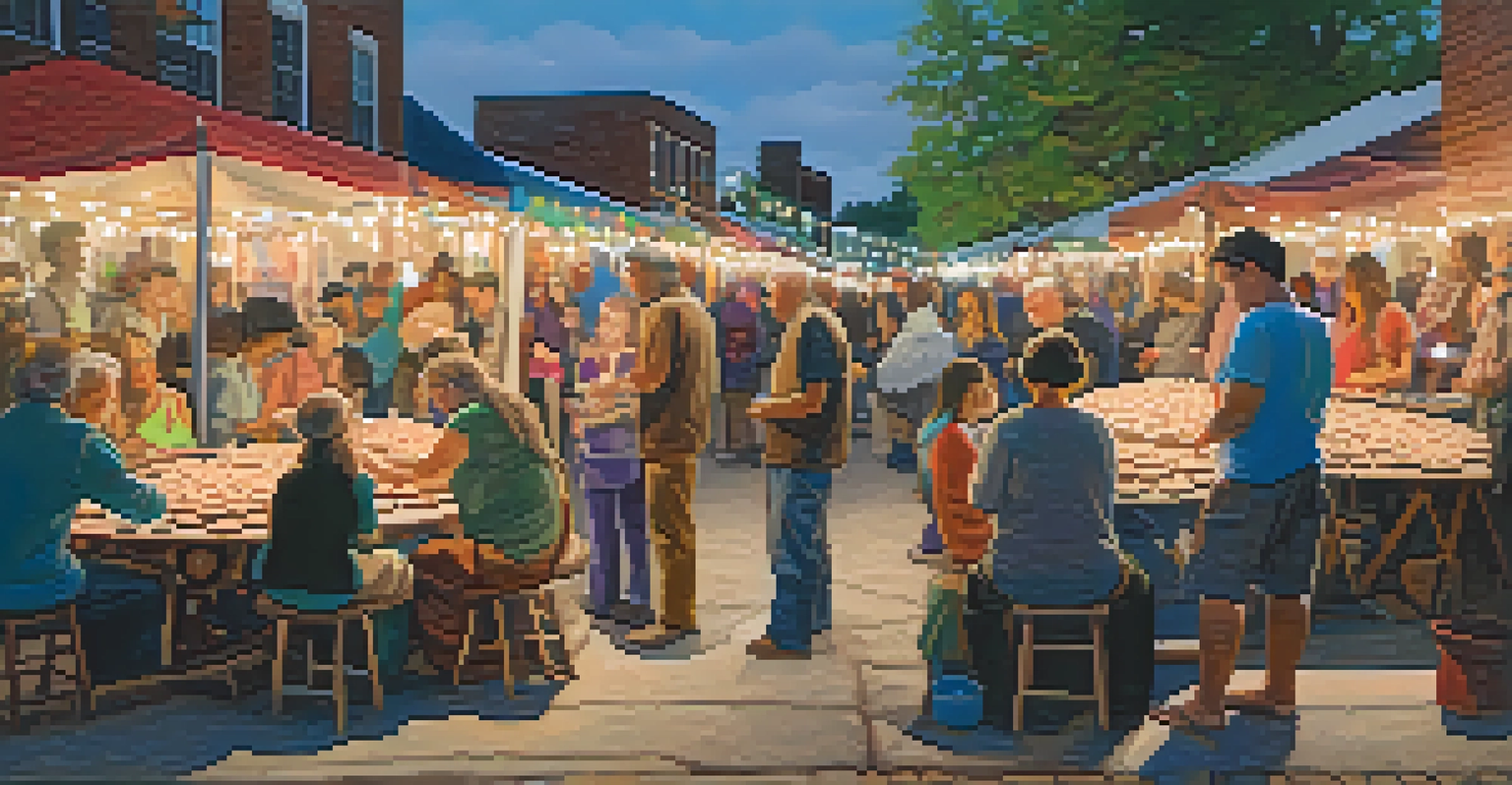 An artisan demonstrating pottery at the Lawrence Art Walk, with a captivated audience and colorful artworks around.