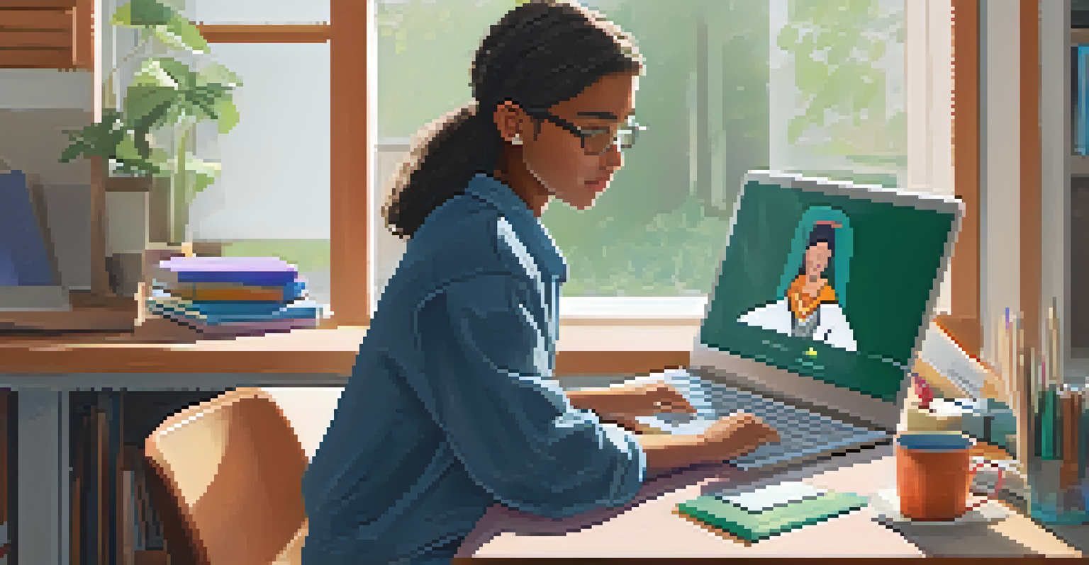 A student engaged in online learning at home, sitting at a desk with a laptop and educational materials, immersed in a virtual classroom setting.