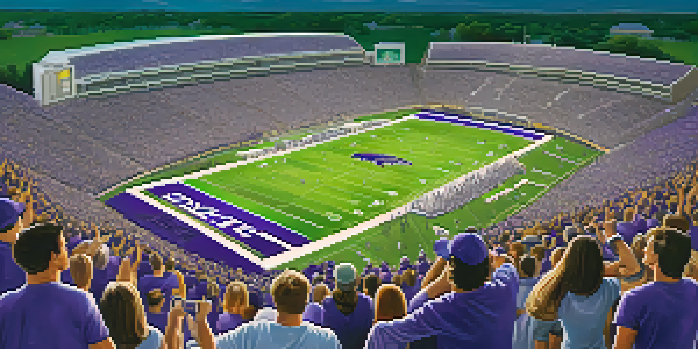A panoramic view of Kansas State University football fans cheering in a stadium filled with bright floodlights and a lush green field.