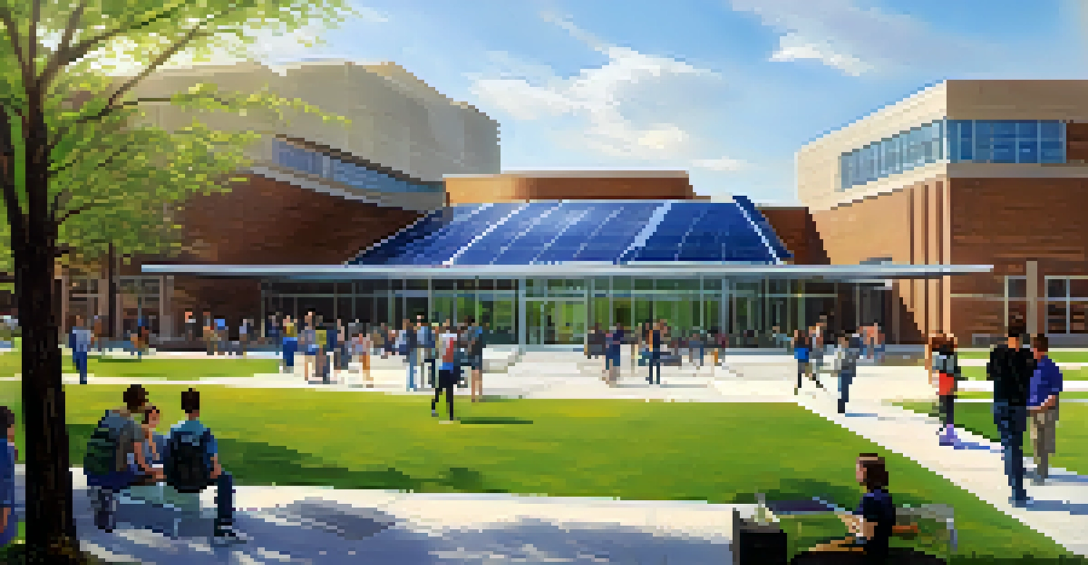 A modern view of Kansas State University campus with students discussing outside a contemporary building surrounded by greenery.