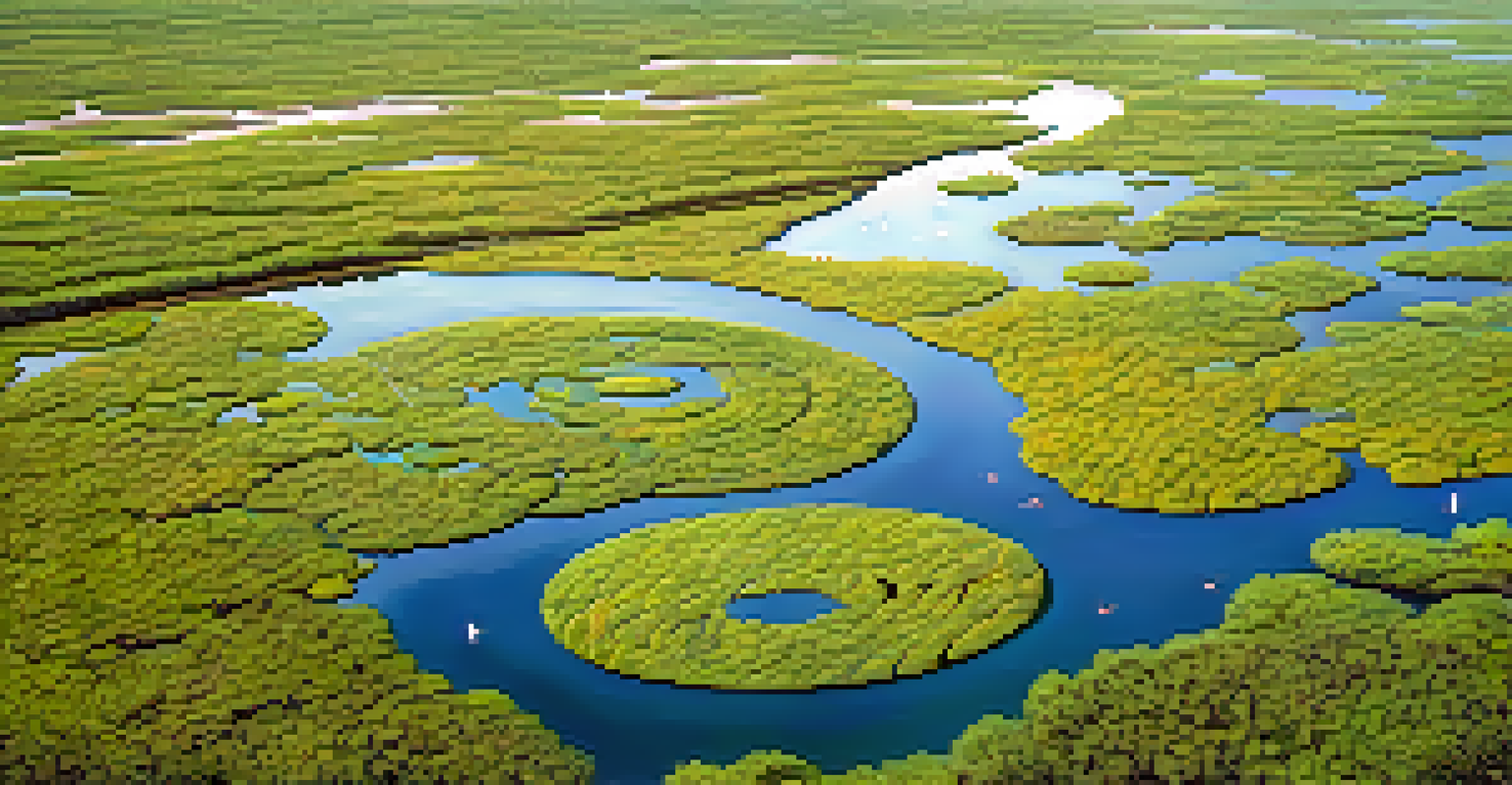 An aerial perspective of a vibrant Kansas wetland with diverse wildlife and lush vegetation.