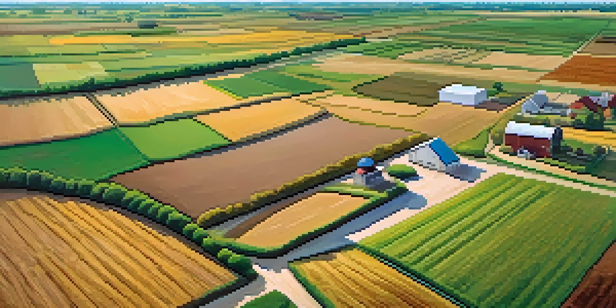 A farmer in a Kansas field using a tablet with a drone flying overhead, analyzing crops in a vibrant landscape.