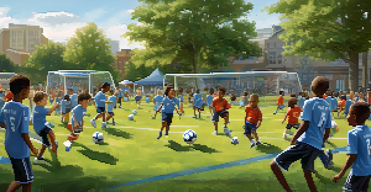 A community soccer clinic with players and children practicing skills together in a park setting.