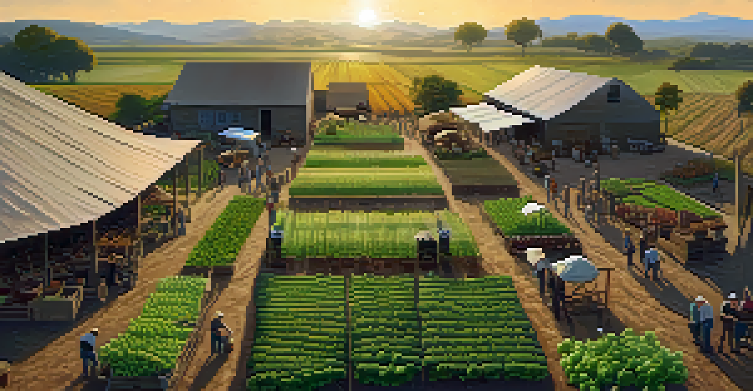 Farmers participating in a community workshop surrounded by diverse crops, with tables covered in agricultural resources.